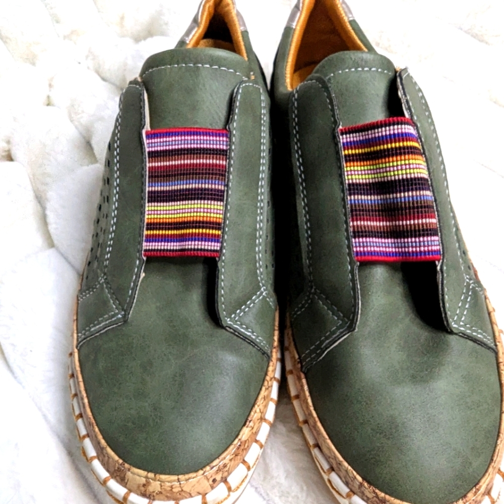 Stylish Green Slip-On Sneakers with Multicolor Elastic